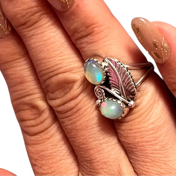 Amazing Huge Double Ethiopian Opal Leaf Design Sterling Silver Ring Size 6 - Picture 11 of 13